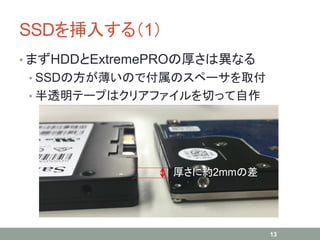 SSDを挿入する（1）
• まずHDDとExtremePROの厚さは異なる
• SSDの方が薄いので付属のスペーサを取付
• 半透明テープはクリアファイルを切って自作
13
厚さに約2mmの差
 