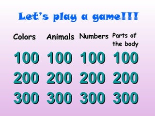 Let’s play a game!!!
Colors

Animals Numbers

Parts of
the body

100
200
300

100
200
300

100
200
300

100
200
300

 