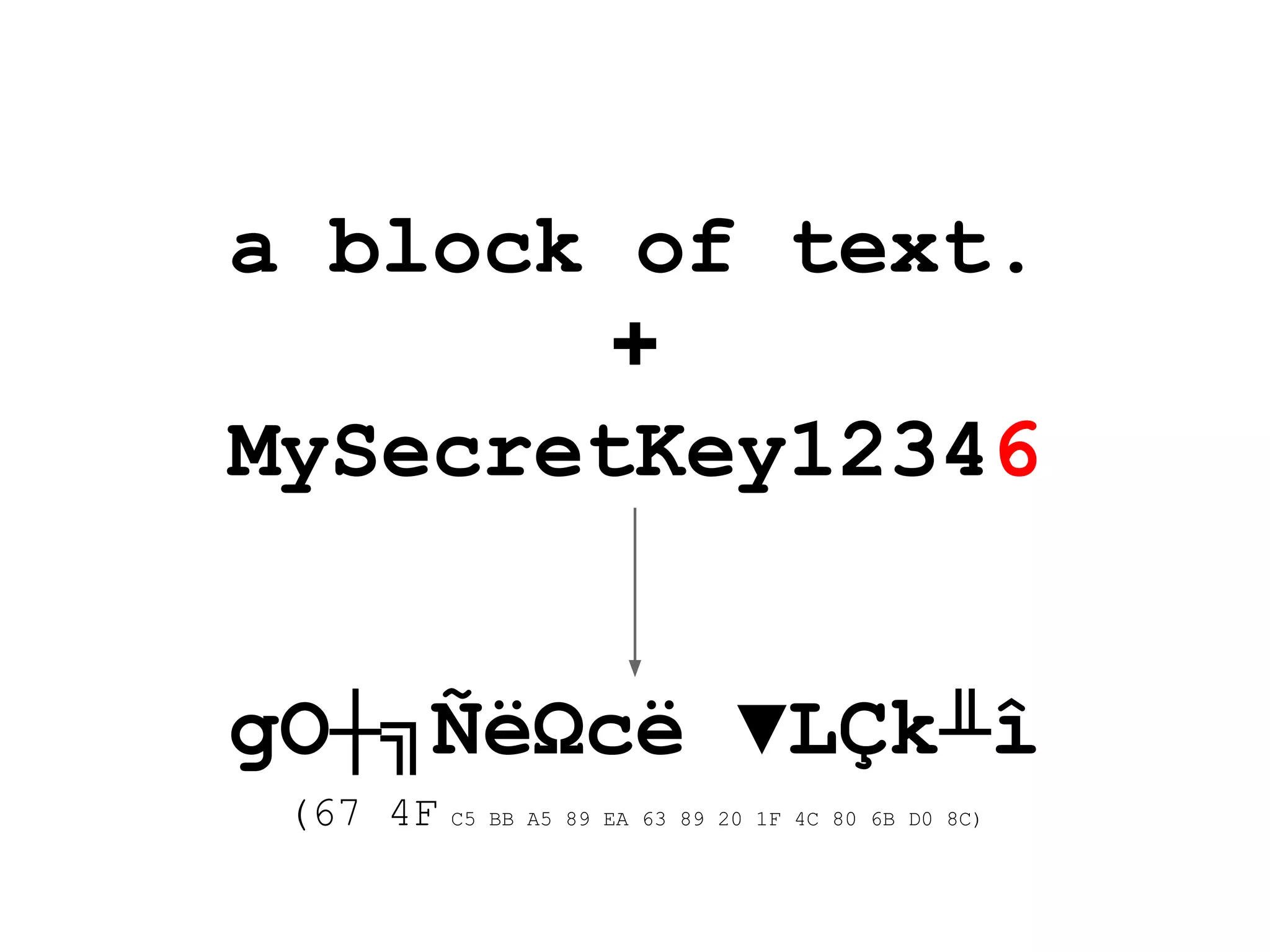 a block of text.
+
MySecretKey12346
gO┼╗ÑëΩcë ▼LÇk╨î
(67 4F C5 BB A5 89 EA 63 89 20 1F 4C 80 6B D0 8C)
 
