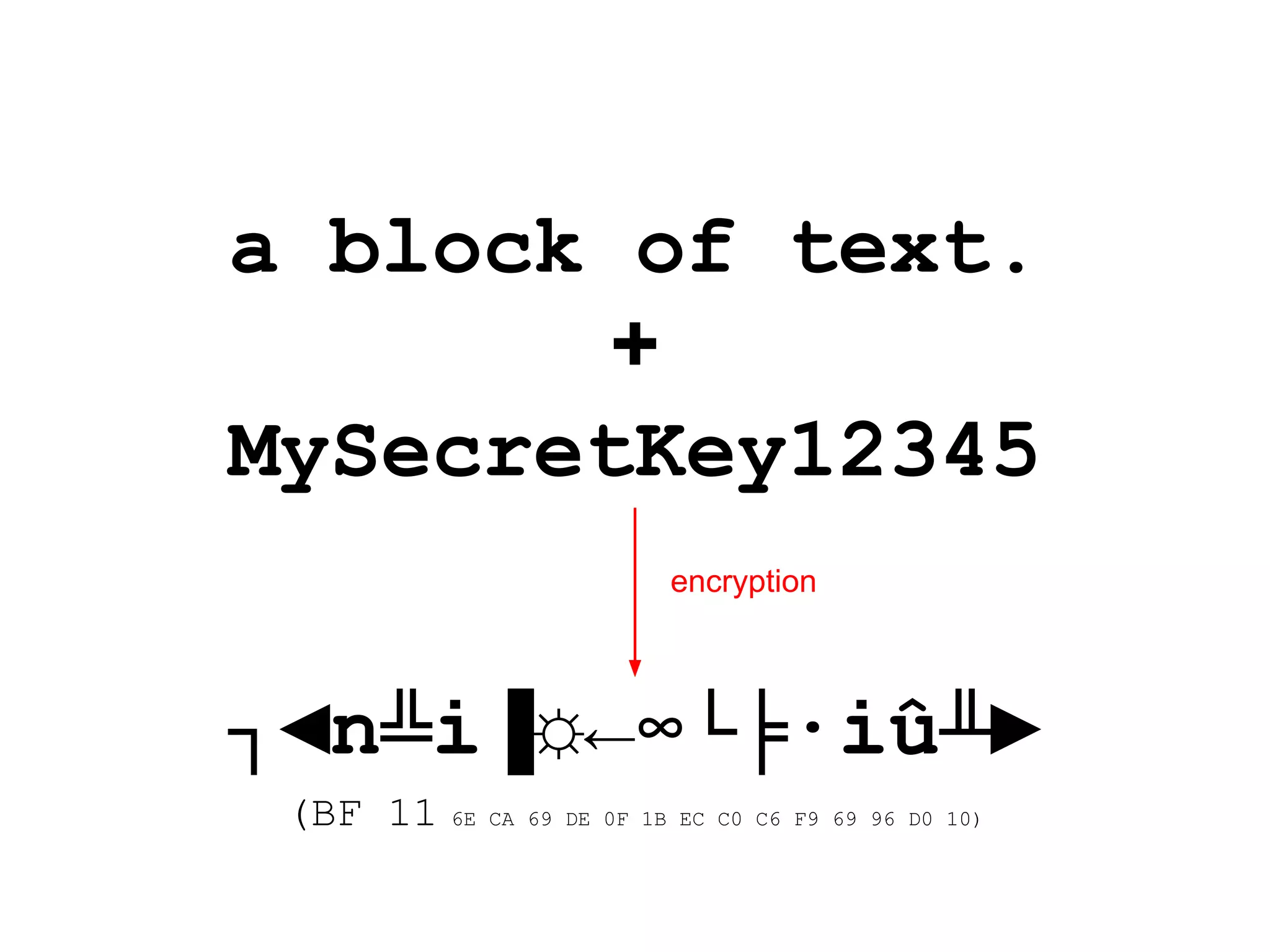a block of text.
+
MySecretKey12345
┐◄n╩i▐☼←∞└╞∙iû╨►
(BF 11 6E CA 69 DE 0F 1B EC C0 C6 F9 69 96 D0 10)
encryption
 