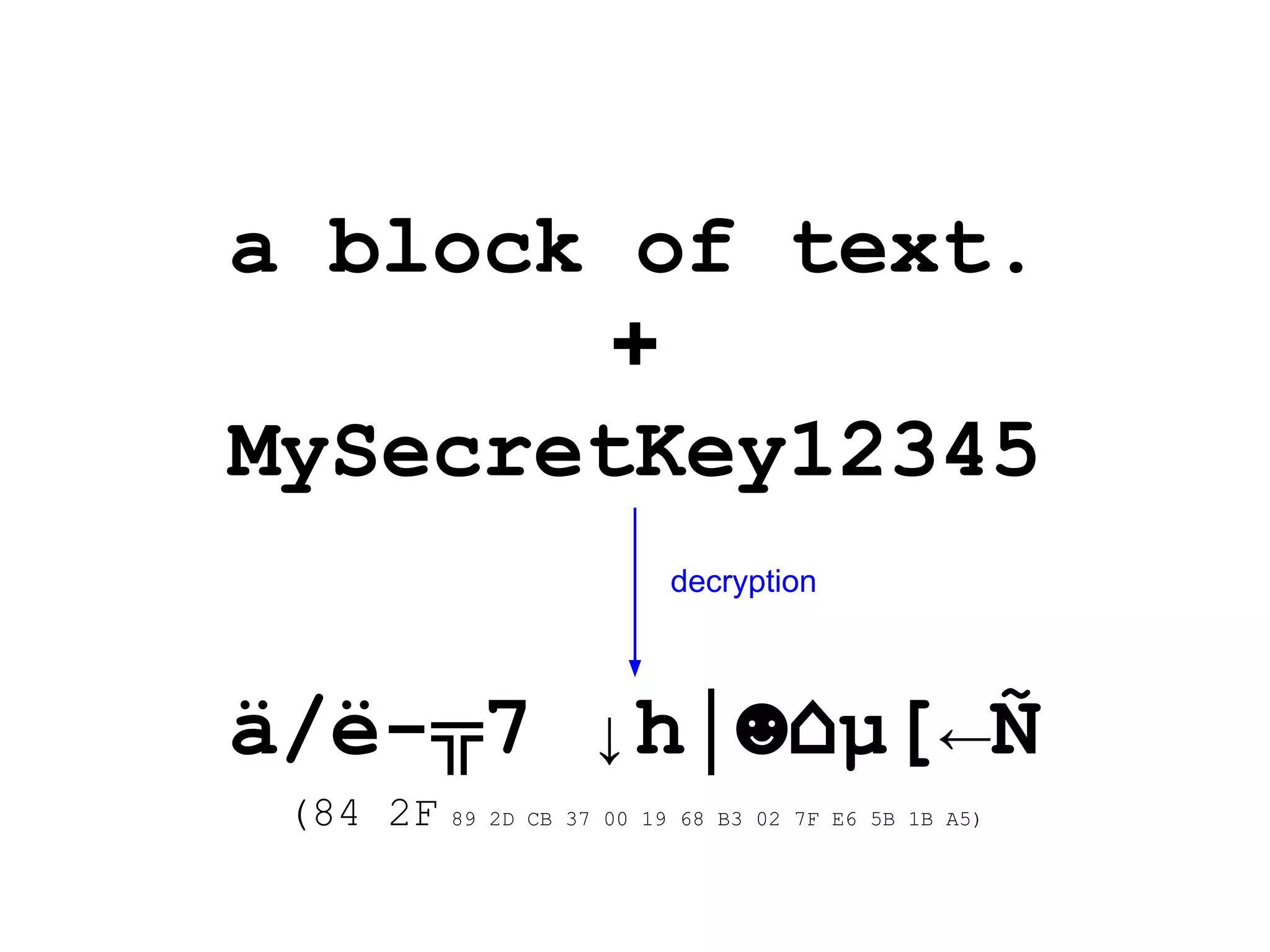 a block of text.
+
MySecretKey12345
ä/ë-╦7 ↓h│☻⌂µ[←Ñ
(84 2F 89 2D CB 37 00 19 68 B3 02 7F E6 5B 1B A5)
decryption
 