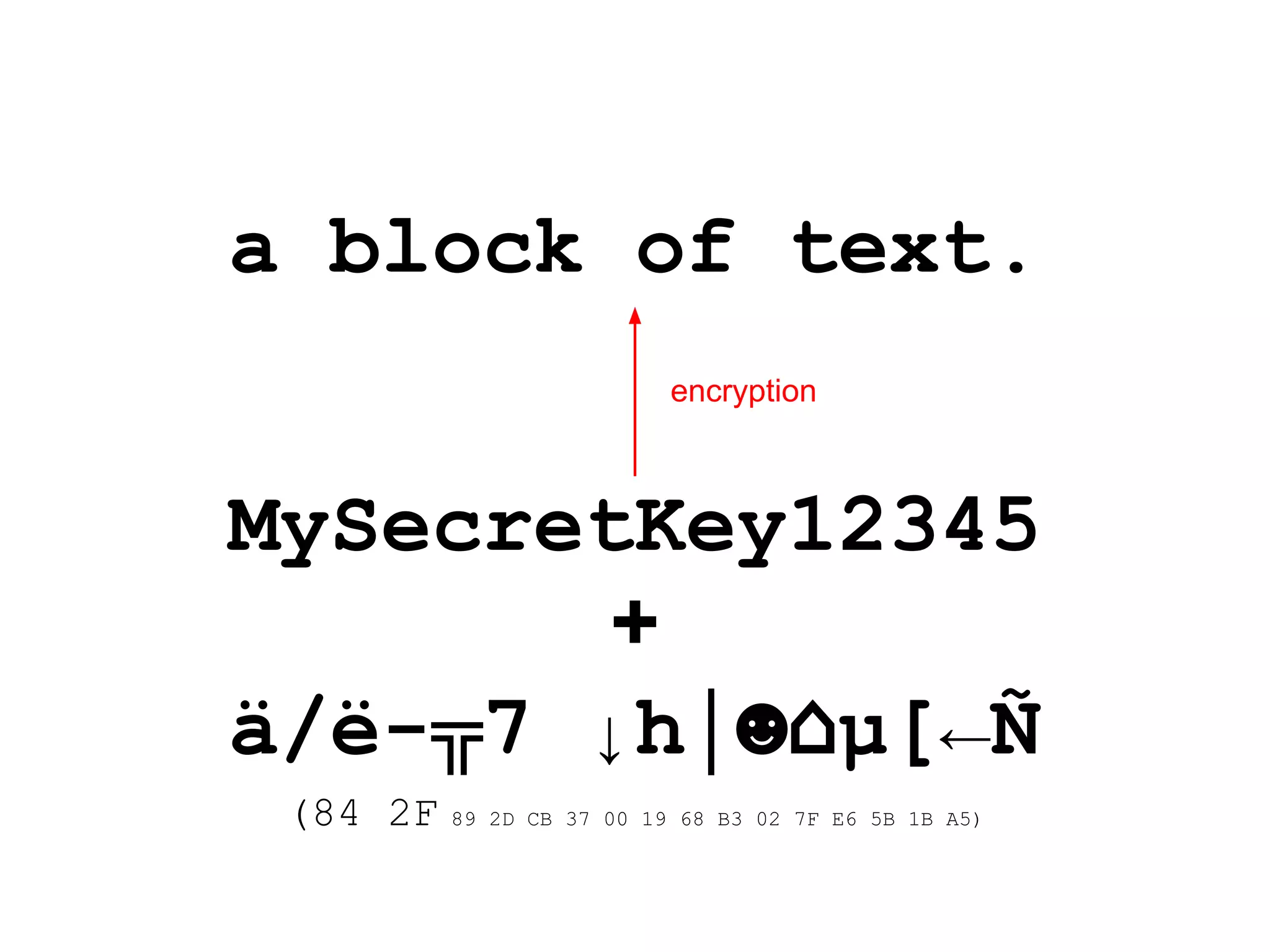a block of text.
MySecretKey12345
+
ä/ë-╦7 ↓h│☻⌂µ[←Ñ
(84 2F 89 2D CB 37 00 19 68 B3 02 7F E6 5B 1B A5)
encryption
 