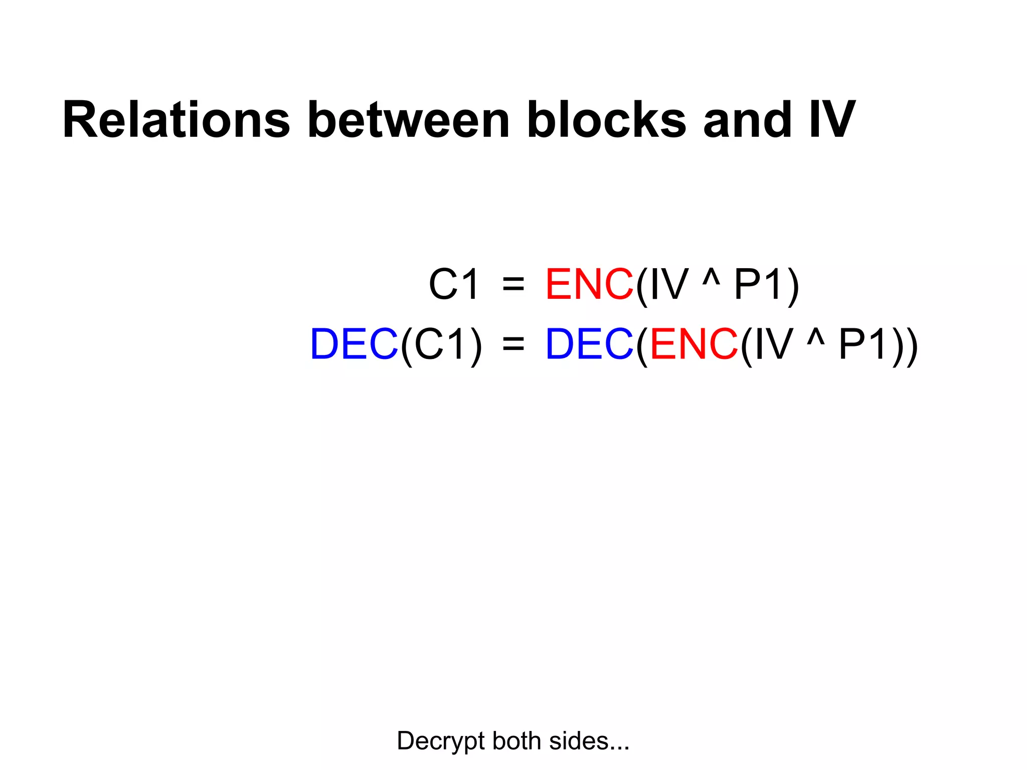 =
=
ENC(IV ^ P1)
DEC(ENC(IV ^ P1))
C1
DEC(C1)
Relations between blocks and IV
Decrypt both sides...
 