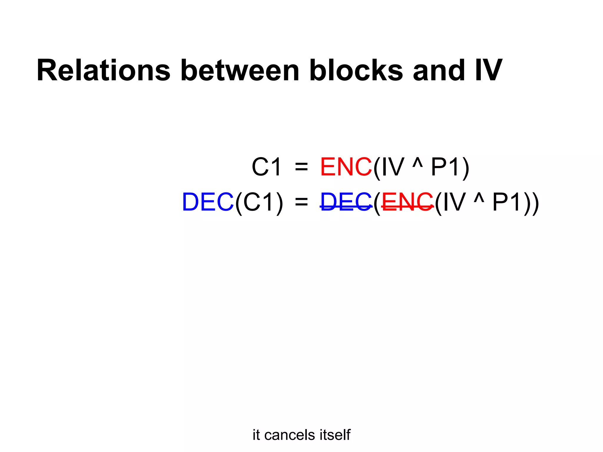=
=
ENC(IV ^ P1)
DEC(ENC(IV ^ P1))
C1
DEC(C1)
Relations between blocks and IV
it cancels itself
 