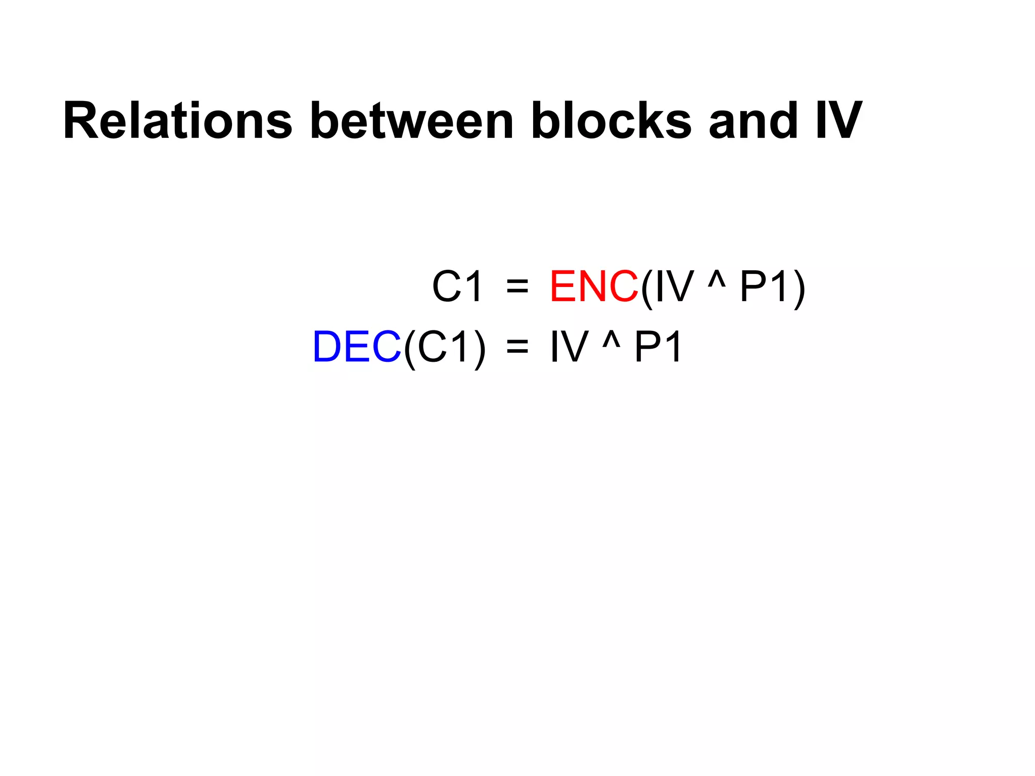 =
=
ENC(IV ^ P1)
IV ^ P1
C1
DEC(C1)
Relations between blocks and IV
 