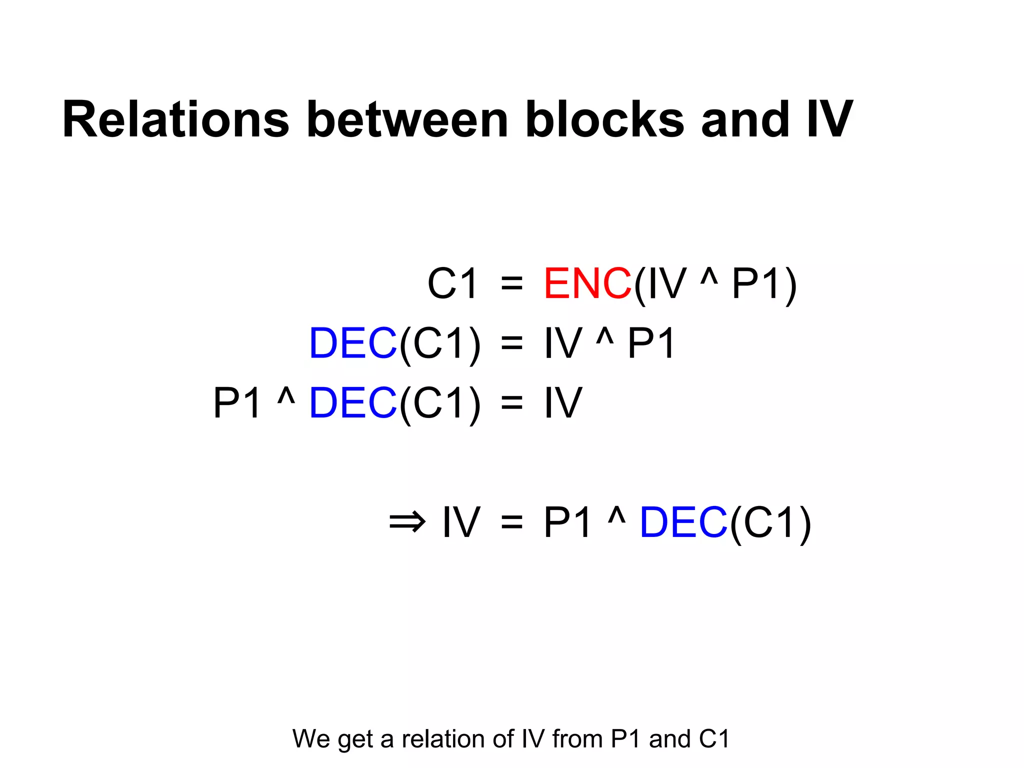 =
=
=
=
ENC(IV ^ P1)
IV ^ P1
IV
P1 ^ DEC(C1)
C1
DEC(C1)
P1 ^ DEC(C1)
⇒ IV
Relations between blocks and IV
We get a relation of IV from P1 and C1
 