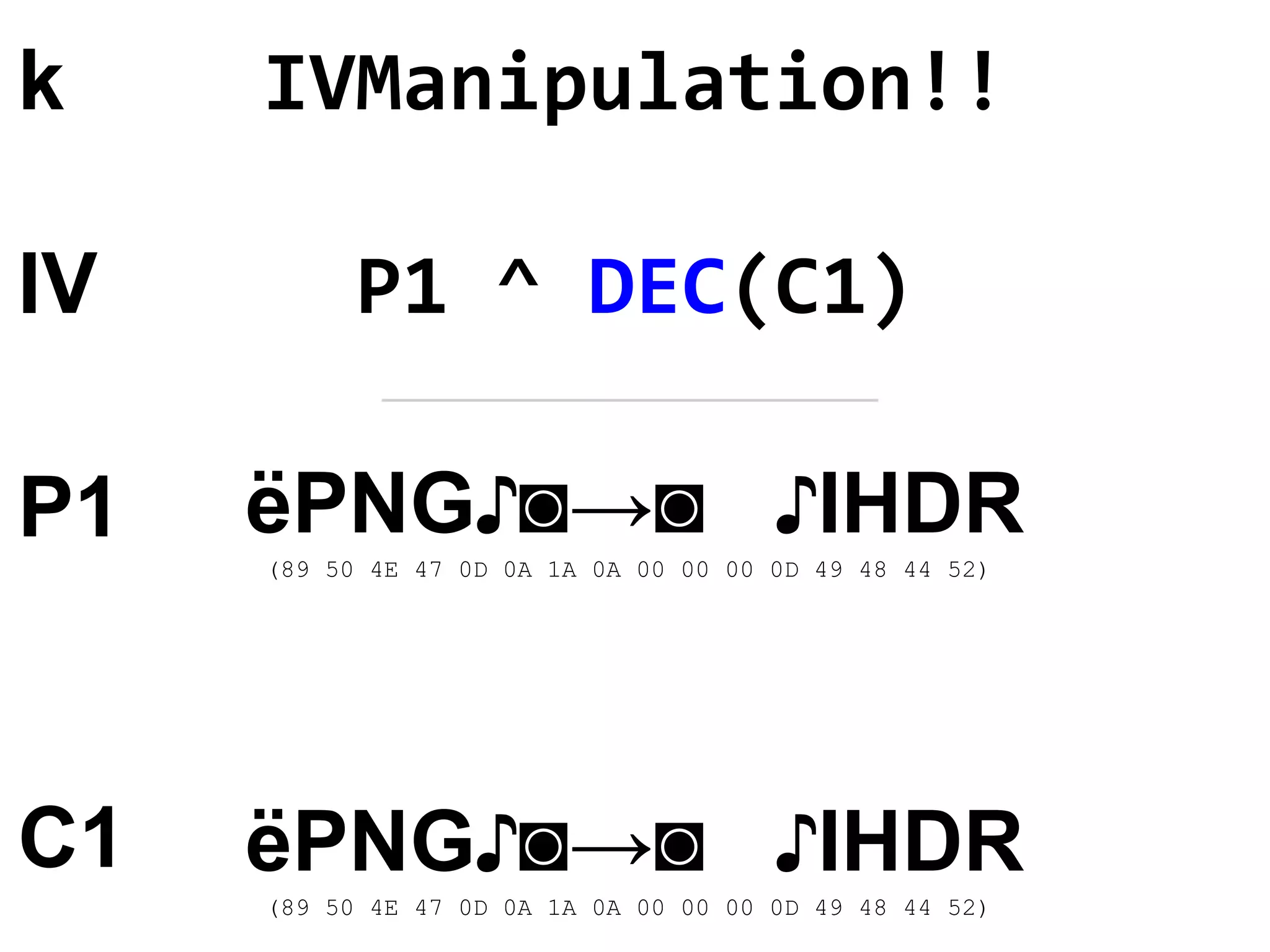 ëPNG♪◙→◙ ♪IHDR
(89 50 4E 47 0D 0A 1A 0A 00 00 00 0D 49 48 44 52)
ëPNG♪◙→◙ ♪IHDR
(89 50 4E 47 0D 0A 1A 0A 00 00 00 0D 49 48 44 52)
k
IV
P1
C1
IVManipulation!!
P1 ^ DEC(C1)
 