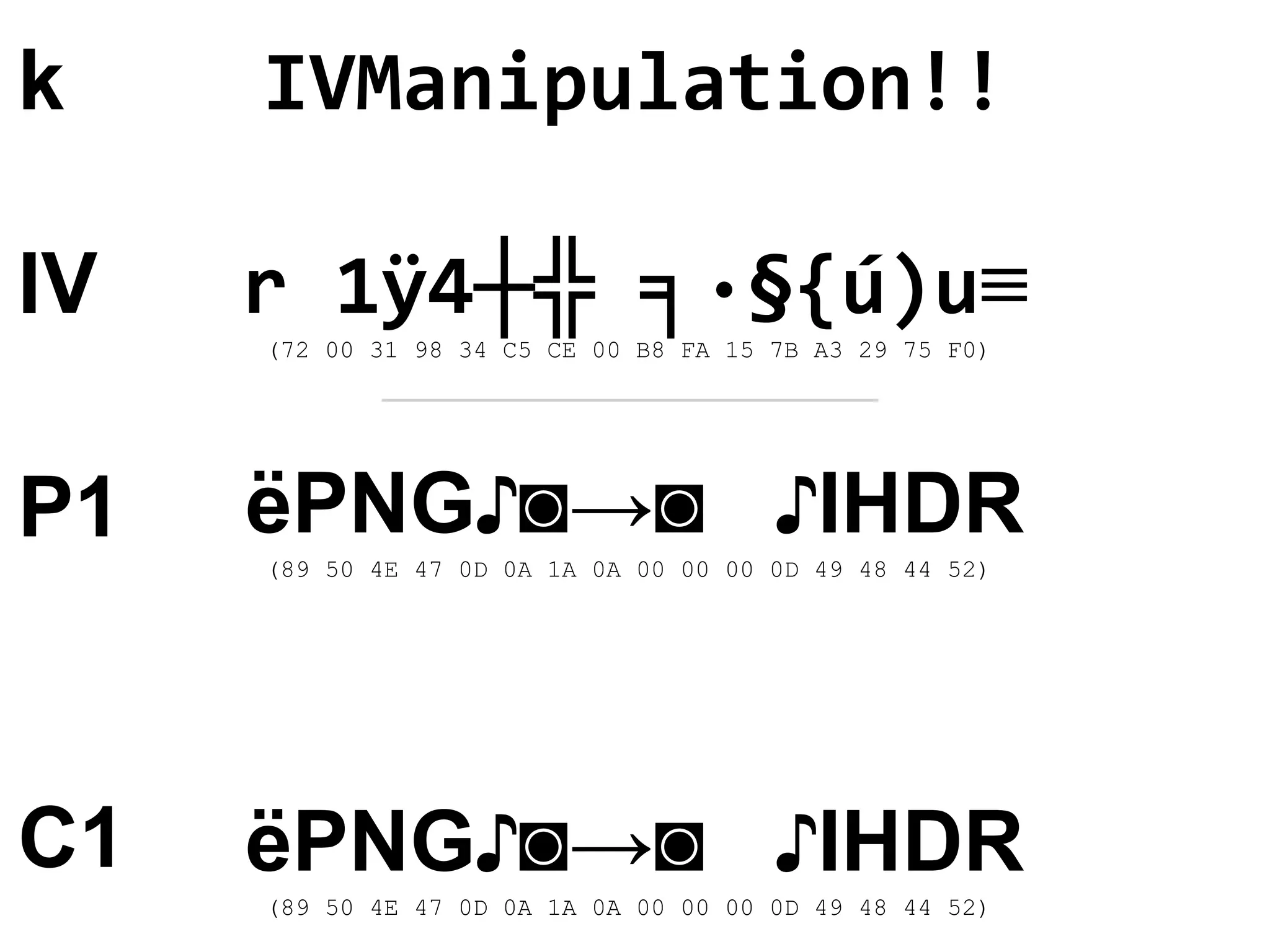 IVManipulation!!
r 1ÿ4┼╬ ╕·§{ú)u≡
(72 00 31 98 34 C5 CE 00 B8 FA 15 7B A3 29 75 F0)
ëPNG♪◙→◙ ♪IHDR
(89 50 4E 47 0D 0A 1A 0A 00 00 00 0D 49 48 44 52)
ëPNG♪◙→◙ ♪IHDR
(89 50 4E 47 0D 0A 1A 0A 00 00 00 0D 49 48 44 52)
k
IV
P1
C1
 