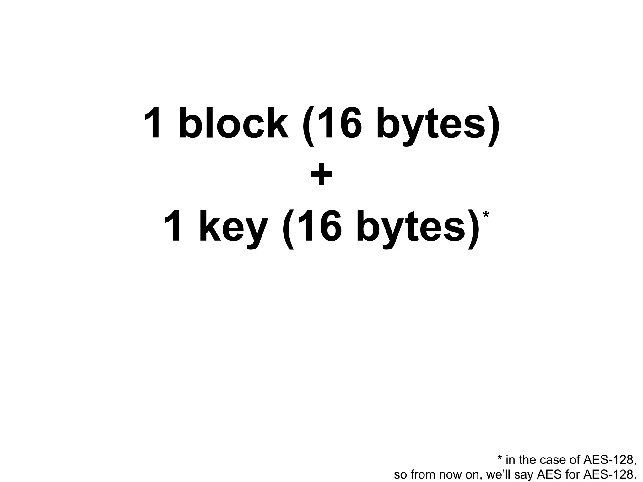 1 block (16 bytes)
+
1 key (16 bytes)*
* in the case of AES-128,
so from now on, we’ll say AES for AES-128.
 