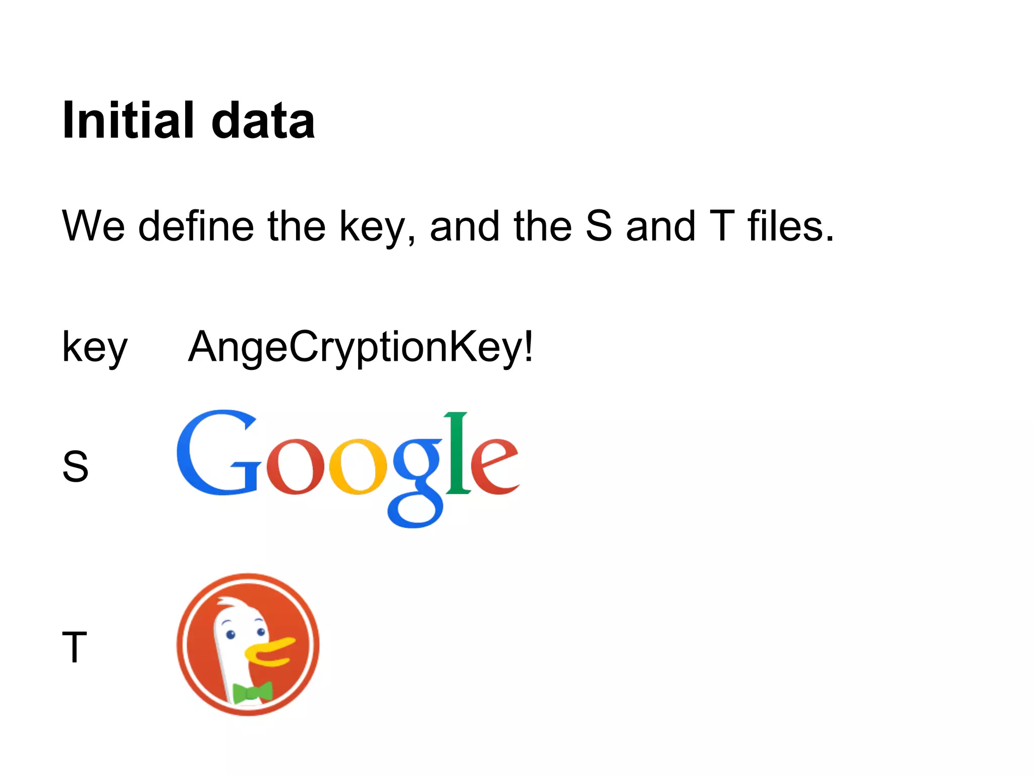 Initial data
We define the key, and the S and T files.
key AngeCryptionKey!
S
T
 