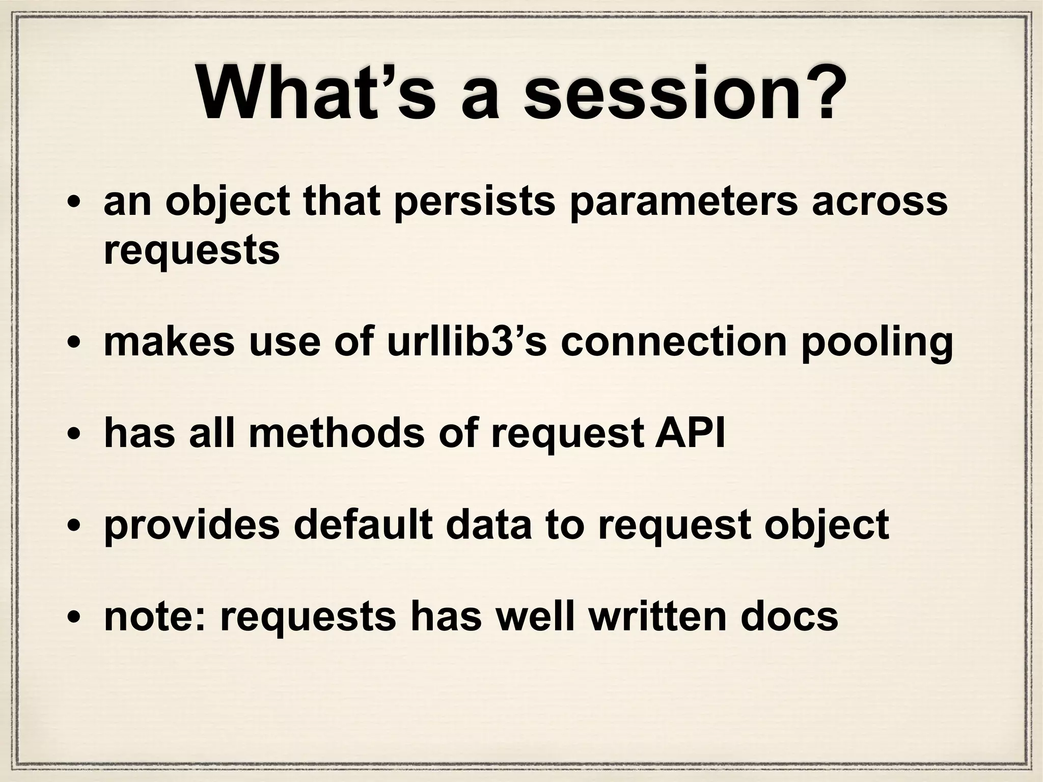 class HTTPDigestAuth(AuthBase):
"""Attaches HTTP Digest Authentication to the given Request
object."""
def __init__(self, username, password):
self.username = username
self.password = password
# Keep state in per-thread local storage
self._thread_local = threading.local()
def init_per_thread_state(self):
# Ensure state is initialized just once per-thread
…
def build_digest_header(self, method, url):
…
def handle_redirect(self, r, **kwargs):
…
def handle_401(self, r, **kwargs):
…
def __call__(self, r):
…
What is the HTTPDigestAuth class?
auth.py
 