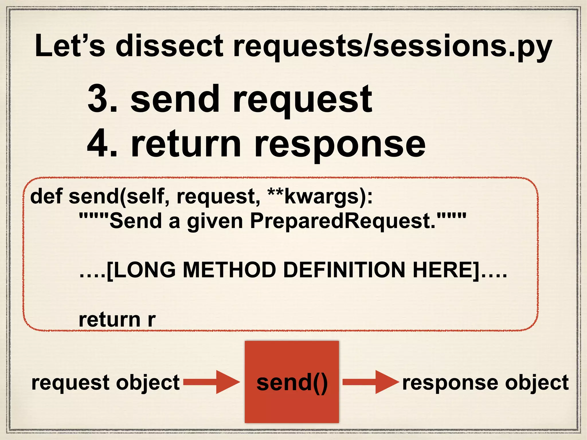 def send(self, request, **kwargs):
"""Send a given PreparedRequest."""
# Set defaults that the hooks can utilize to ensure they
always have
# the correct parameters to reproduce the previous request.
kwargs.setdefault('stream', self.stream)
kwargs.setdefault('verify', self.verify)
kwargs.setdefault('cert', self.cert)
kwargs.setdefault('proxies', self.proxies)
# It's possible that users might accidentally send a Request
object.
# Guard against that specific failure case.
if not isinstance(request, PreparedRequest):
raise ValueError('You can only send PreparedRequests.')
checked_urls = set()
while request.url in self.redirect_cache:
checked_urls.add(request.url)
new_url = self.redirect_cache.get(request.url)
if new_url in checked_urls:
break
request.url = new_url
# Set up variables needed for resolve_redirects and
dispatching of hooks
allow_redirects = kwargs.pop('allow_redirects', True)
stream = kwargs.get('stream')
hooks = request.hooks
# Get the appropriate adapter to use
adapter = self.get_adapter(url=request.url)
# Start time (approximately) of the request
start = datetime.utcnow()
# Send the request
r = adapter.send(request, **kwargs)
# Total elapsed time of the request (approximately)
r.elapsed = datetime.utcnow() - start
# Response manipulation hooks
r = dispatch_hook('response', hooks, r, **kwargs)
# Persist cookies
if r.history:
# If the hooks create history then we want those cookies
too
for resp in r.history:
extract_cookies_to_jar(self.cookies, resp.request,
resp.raw)
extract_cookies_to_jar(self.cookies, request, r.raw)
# Redirect resolving generator.
gen = self.resolve_redirects(r, request, **kwargs)
# Resolve redirects if allowed.
history = [resp for resp in gen] if allow_redirects else []
# Shuffle things around if there's history.
if history:
# Insert the first (original) request at the start
history.insert(0, r)
# Get the last request made
r = history.pop()
r.history = history
if not stream:
r.content
return r
3. send request
4. return response
# Get the appropriate adapter to use
adapter = self.get_adapter(url=request.url)
# Start time (approximately) of the request
start = datetime.utcnow()
# Send the request
r = adapter.send(request, **kwargs)
sessions.py
What is the send method
doing in adapters.py?
What’s an adapter?
 