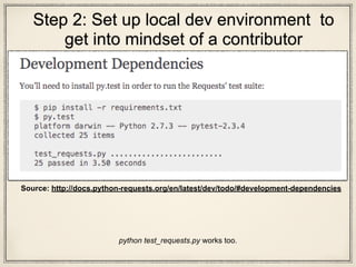 Step 2: Set up local dev environment to
get into mindset of a contributor
python test_requests.py works too.
Source: http://docs.python-requests.org/en/latest/dev/todo/#development-dependencies
 