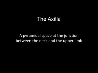 The Axilla
A pyramidal space at the junction
between the neck and the upper limb
 
