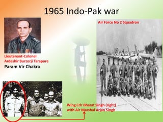 1965 Indo-Pak warAir Force No 2 SquadronLieutenant-ColonelArdeshir Burzorji TaraporeParam Vir ChakraWing Cdr Bharat Singh (right) with Air Marshal Arjan Singh