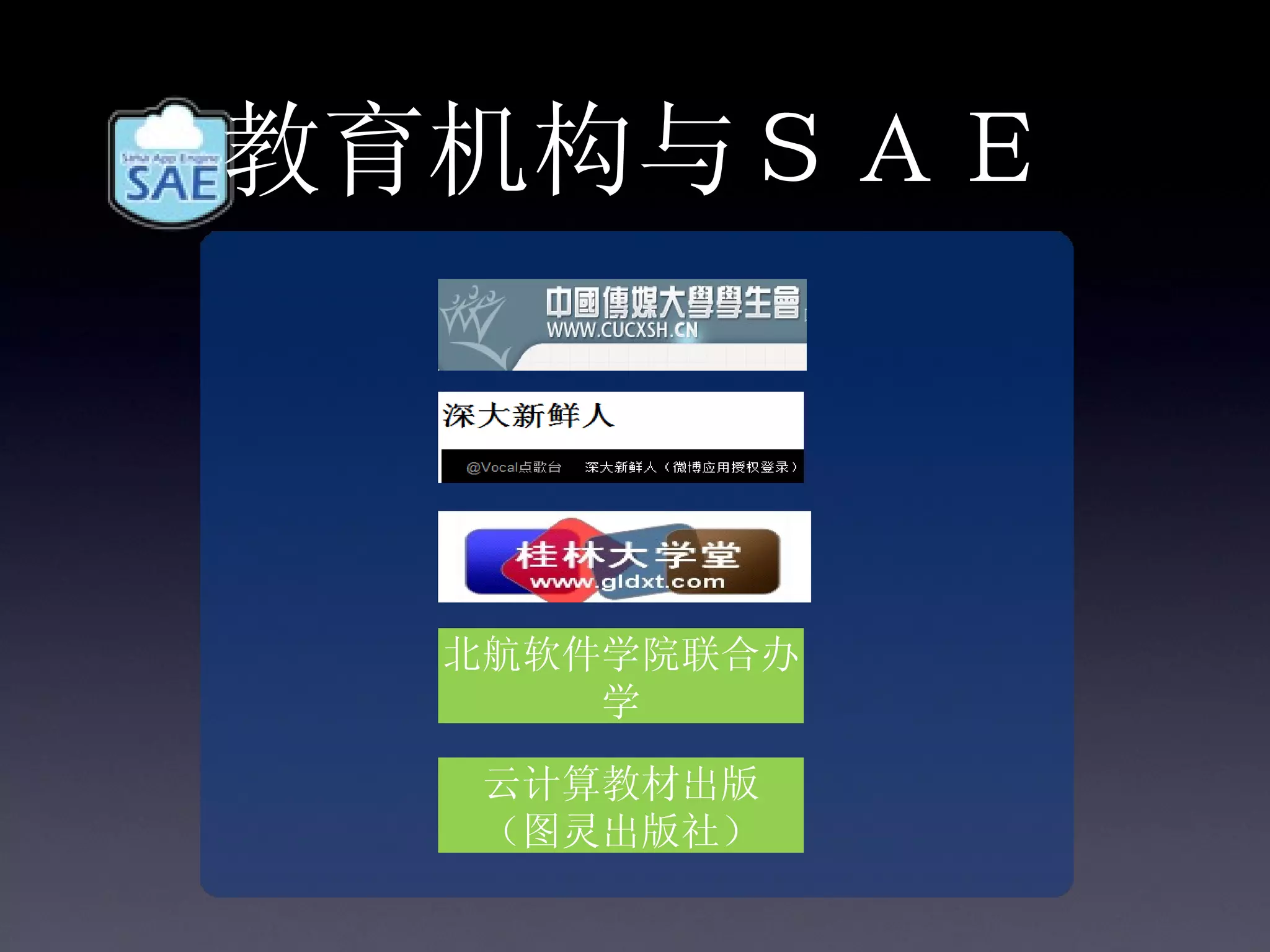 教育机构与ＳＡＥ



  北航软件学院联合办
      学

  云计算教材出版
  （图灵出版社）
 