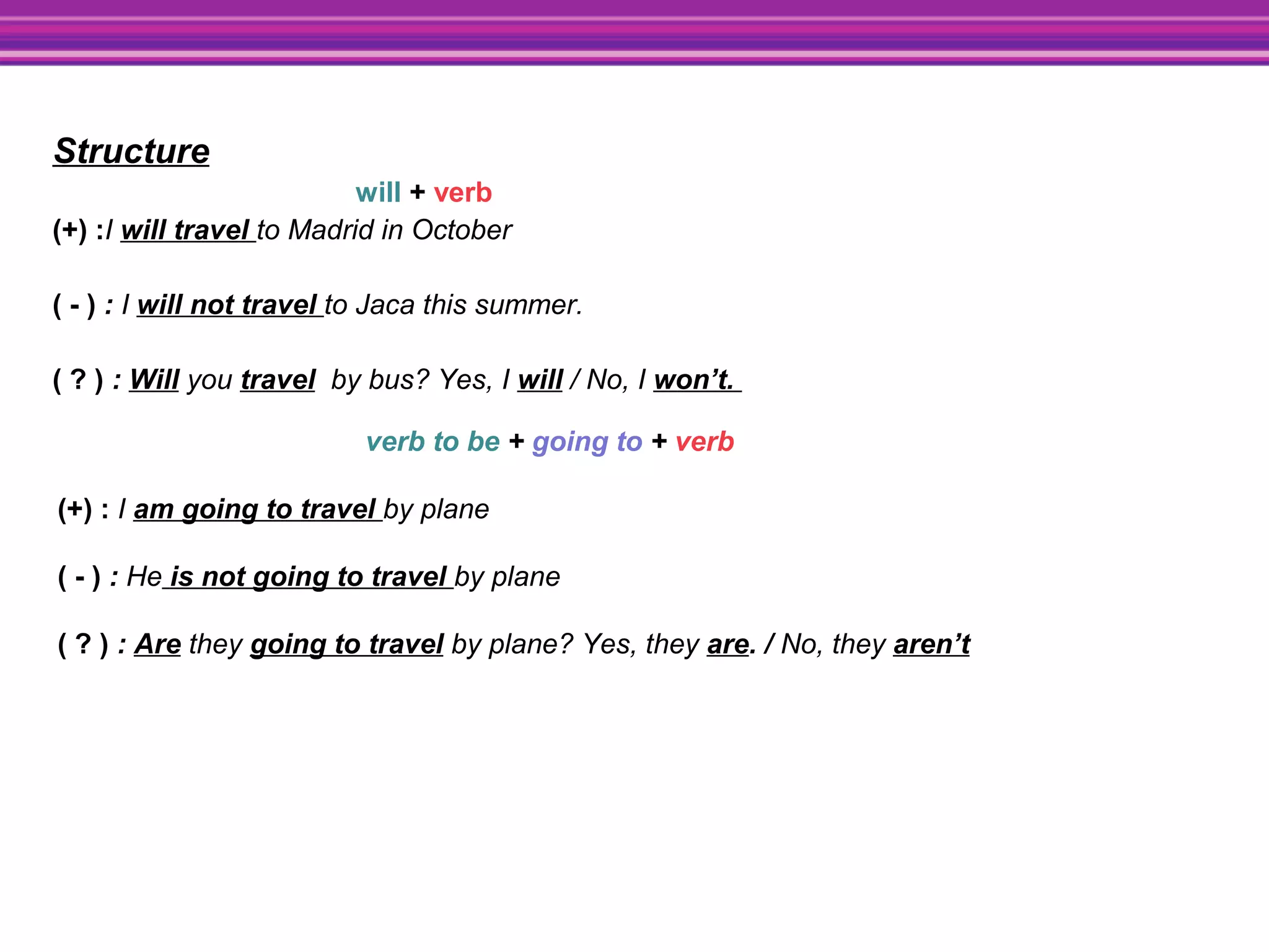Structure
will + verb
(+) :I will travel to Madrid in October
( - ) : I will not travel to Jaca this summer.
( ? ) : Will you travel by bus? Yes, I will / No, I won’t.
verb to be + going to + verb
(+) : I am going to travel by plane
( - ) : He is not going to travel by plane
( ? ) : Are they going to travel by plane? Yes, they are. / No, they aren’t