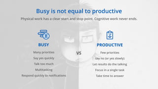 BUSY PRODUCTIVE
VS
Busy is not equal to productive
Physical work has a clear start and stop point. Cognitive work never en...