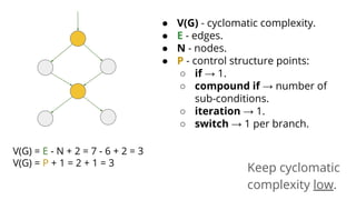 V(G) = E - N + 2 = 7 - 6 + 2 = 3
V(G) = P + 1 = 2 + 1 = 3
● V(G) - cyclomatic complexity.
● E - edges.
● N - nodes.
● P - control structure points:
○ if → 1.
○ compound if → number of
sub-conditions.
○ iteration → 1.
○ switch → 1 per branch.
Keep cyclomatic
complexity low.
 