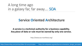 A long time ago
in a galaxy far, far away…. SOA
Service Oriented Architecture
A service is a technical authority for a business capability.
Any piece of data or rule must be owned by only one service.
http://www.soa-manifesto.org/
https://www.infoq.com/articles/tilkov-10-soa-principles https://en.wikipedia.org/wiki/Service-orientation_design_principles
 