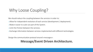 Why Loose Coupling?
We should reduce the coupling between the services in order to:
oAllow for independent evolution of each service (development / deployment).
oMake it easier to scale out part of the System.
oLimit the friction between the services.
oExchange information between services implemented with different technologies.
Design the communication protocol around «messages»:
Message/Event Driven Architecture.
 