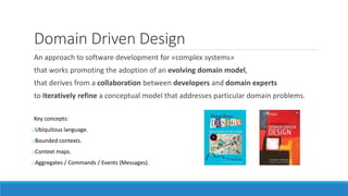 Domain Driven Design
An approach to software development for «complex systems»
that works promoting the adoption of an evolving domain model,
that derives from a collaboration between developers and domain experts
to iteratively refine a conceptual model that addresses particular domain problems.
Key concepts:
oUbiquitous language.
oBounded contexts.
oContext maps.
oAggregates / Commands / Events (Messages).
 