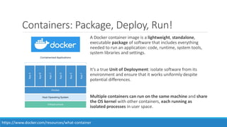 Containers: Package, Deploy, Run!
A Docker container image is a lightweight, standalone,
executable package of software that includes everything
needed to run an application: code, runtime, system tools,
system libraries and settings.
It’s a true Unit of Deployment: isolate software from its
environment and ensure that it works uniformly despite
potential differences.
Multiple containers can run on the same machine and share
the OS kernel with other containers, each running as
isolated processes in user space.
https://www.docker.com/resources/what-container
 