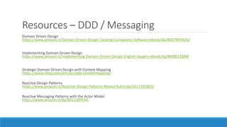 Resources – DDD / Messaging
Domain Driven Design
https://www.amazon.it/Domain-Driven-Design-Tackling-Complexity-Software-ebook/dp/B00794TAUG/
Implementing Domain Driven Design
https://www.amazon.it/Implementing-Domain-Driven-Design-English-Vaughn-ebook/dp/B00BCLEBN8
Strategic Domain Driven Design with Context Mapping
https://www.infoq.com/articles/ddd-contextmapping/
Reactive Design Patterns
https://www.amazon.it/Reactive-Design-Patterns-Roland-Kuhn/dp/1617291803/
Reactive Messaging Patterns with the Actor Model
https://www.amazon.it/dp/B011S8YC5G
 