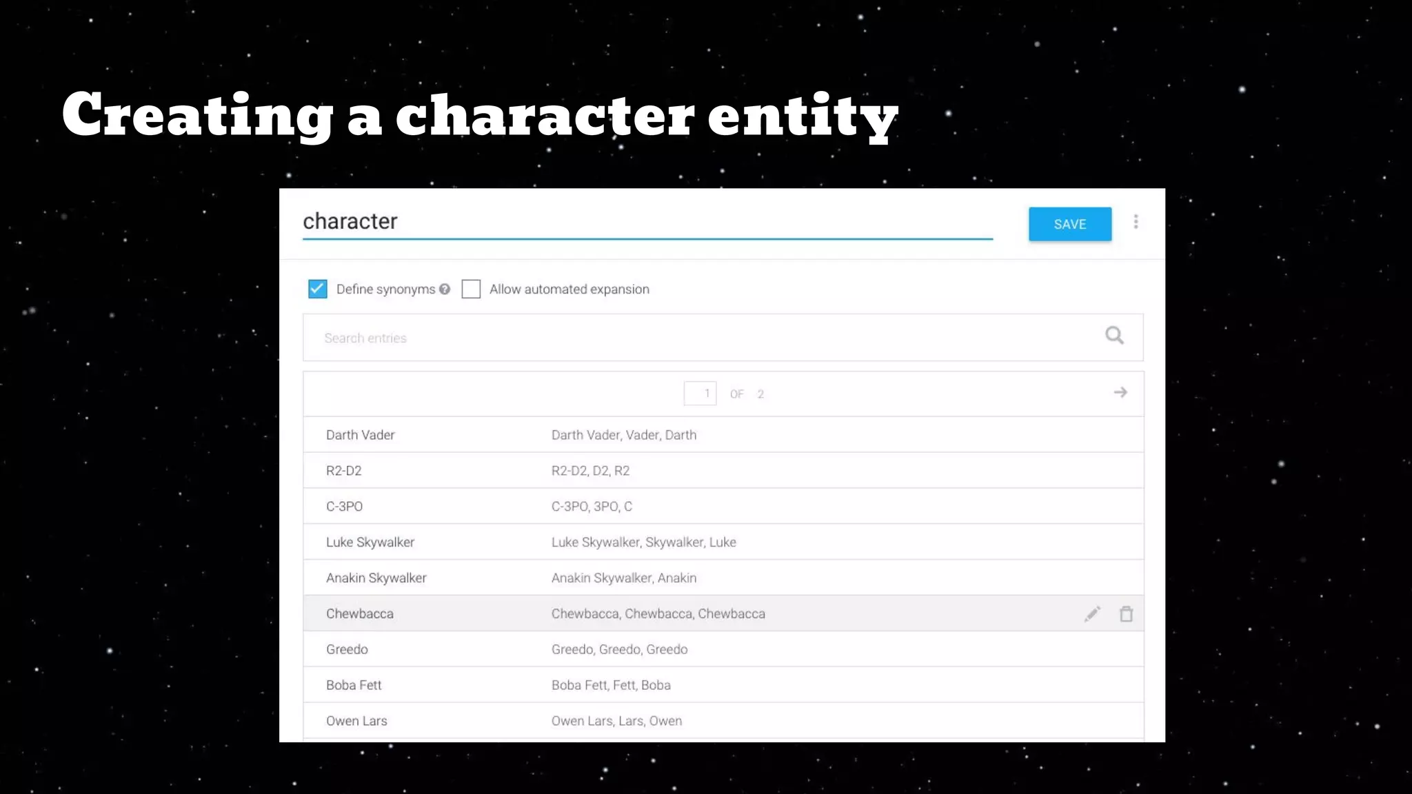 Creating a character entity