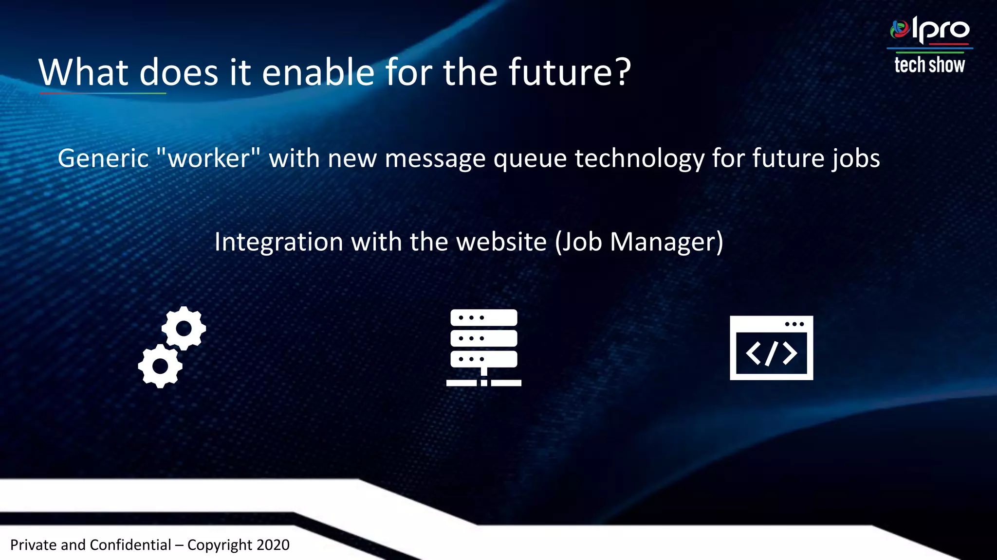 Private and Confidential – Copyright 2020
Generic "worker" with new message queue technology for future jobs
Integration with the website (Job Manager)
What does it enable for the future?
 