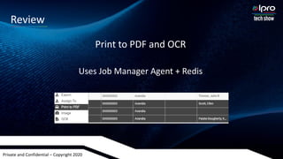 Private and Confidential – Copyright 2020
Print to PDF and OCR
Uses Job Manager Agent + Redis
Review
 