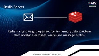 Private and Confidential – Copyright 2020
Redis is a light weight, open source, in-memory data structure
store used as a database, cache, and message broker.
Redis Server
 