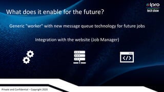 Private and Confidential – Copyright 2020
Generic "worker" with new message queue technology for future jobs
Integration with the website (Job Manager)
What does it enable for the future?
 