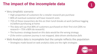 • Very simplistic scenario
• High proportion of customers for a retailer research pre purchase
• 80% of eventual customer will have research visits
• 75% of these researchers do this on their lunch breaks at work (without logging
in) before purchasing at home
• The data will say that 80% of customers purchased on their first visit (20% no
research + 75% x 80% do research)
• The business strategy based on this data would be the wrong strategy
• If the entire customer journey is not mapped, data driven attribution fails
• Web Analytics data is incomplete but the sample reflects the population
• Strategies made based on web analytics data are the right strategies
The impact of the incomplete data 1
 