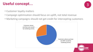 • Customer loyalty matters
• Campaign optimisation should focus on uplift, not total revenue
• Marketing campaigns should not get credit for intercepting customers
Useful concept… 3
 