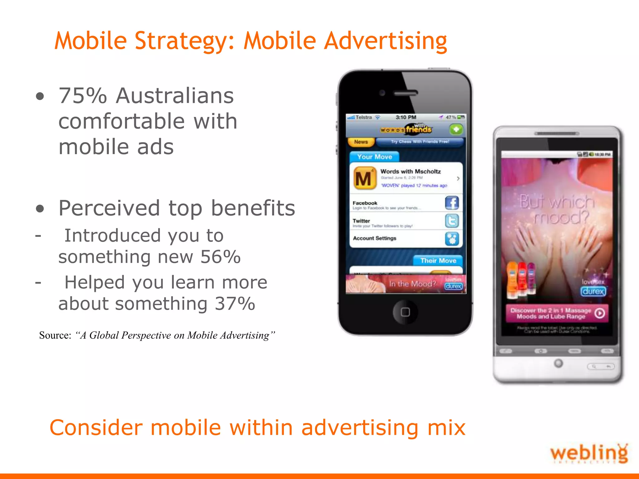Mobile Strategy: Mobile Advertising75% Australians comfortable with mobile adsPerceived top benefits Introduced you to something new 56%