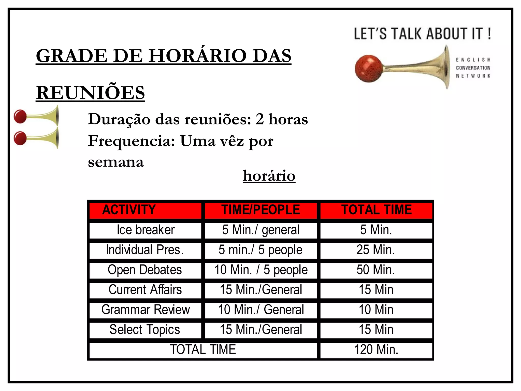 GRADE DE HORÁRIO DAS REUNIÕES Duração das reuniões: 2 horas Frequencia: Uma vêz por semana horário 