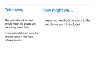 How might we…Takeaway
design our methods to adapt to the
people we want to include?
The method and tool used
should match the people you
are asking to use them.
If one method doesn’t work, try
another cause it may have
different results.
 