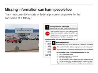 Missing information can harm people too
“I am not currently in state or federal prison or on parole for the
conviction of a felony.”
 