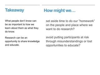 How might we…Takeaway
set aside time to do our ”homework”
on the people and place where we
want to do research?
avoid putting participants at risk
through misunderstandings or lost
opportunities to educate?
What people don’t know can
be as important to how we
learn about them as what they
do know.
Research can be an
opportunity to share knowledge
and educate.
 