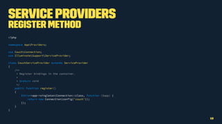 Service Providers
Register method
<?php
namespace AppProviders;
use CouchConnection;
use IlluminateSupportServiceProvider;
class CouchServiceProvider extends ServiceProvider
{
/**
* Register bindings in the container.
*
* @return void
*/
public function register()
{
$this->app->singleton(Connection::class, function ($app) {
return new Connection(config('couch'));
});
}
}
13
 
