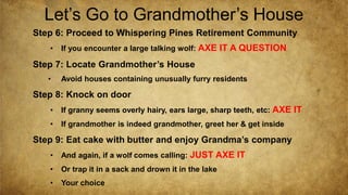 Let’s Go to Grandmother’s House
Step 6: Proceed to Whispering Pines Retirement Community
• If you encounter a large talkin...