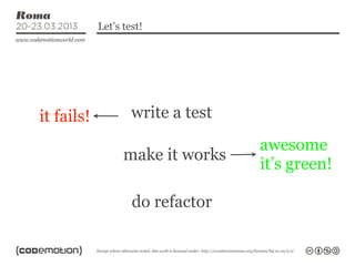 Let’s test!




it fails!           write a test
                                   awesome
                  make it work...