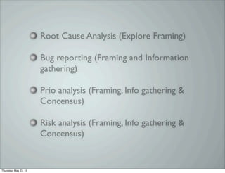 Root Cause Analysis (Explore Framing)
Bug reporting (Framing and Information
gathering)
Prio analysis (Framing, Info gathering &
Concensus)
Risk analysis (Framing, Info gathering &
Concensus)
Thursday, May 23, 13
 