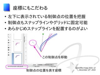 LibreOffice Kaigi 2016. 12
December 10th
, 2016
座標にもこだわる
●
左下に表示されている制御点の位置を把握
●
制御点もスナップラインやグリッドに固定可能
●
あらかじめスナップラインを配置するのがよい
この制御点を移動
制御点の位置を表す座標
 