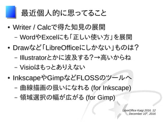 LibreOffice Kaigi 2016. 12
December 10th
, 2016
最近個人的に思ってること
● Writer / Calcで得た知見の展開
– WordやExcelにも「正しい使い方」を展開
● Drawなど「LibreOfficeにしかない」ものは？
– Illustratorとかに波及する？→高いからね
– Visioはもっとありえない
● InkscapeやGimpなどFLOSSのツールへ
– 曲線描画の扱いになれる (for Inkscape)
– 領域選択の幅が広がる (for Gimp)
 