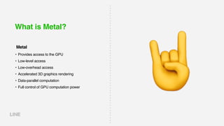 What is Metal?
• Provides access to the GPU
• Low-level access
• Low-overhead access
• Accelerated 3D graphics rendering
• Data-parallel computation
• Full control of GPU computation power
Metal
🤘
 