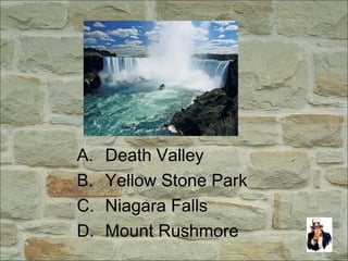 A. Death Valley
B. Yellow Stone Park
C. Niagara Falls
D. Mount Rushmore
 