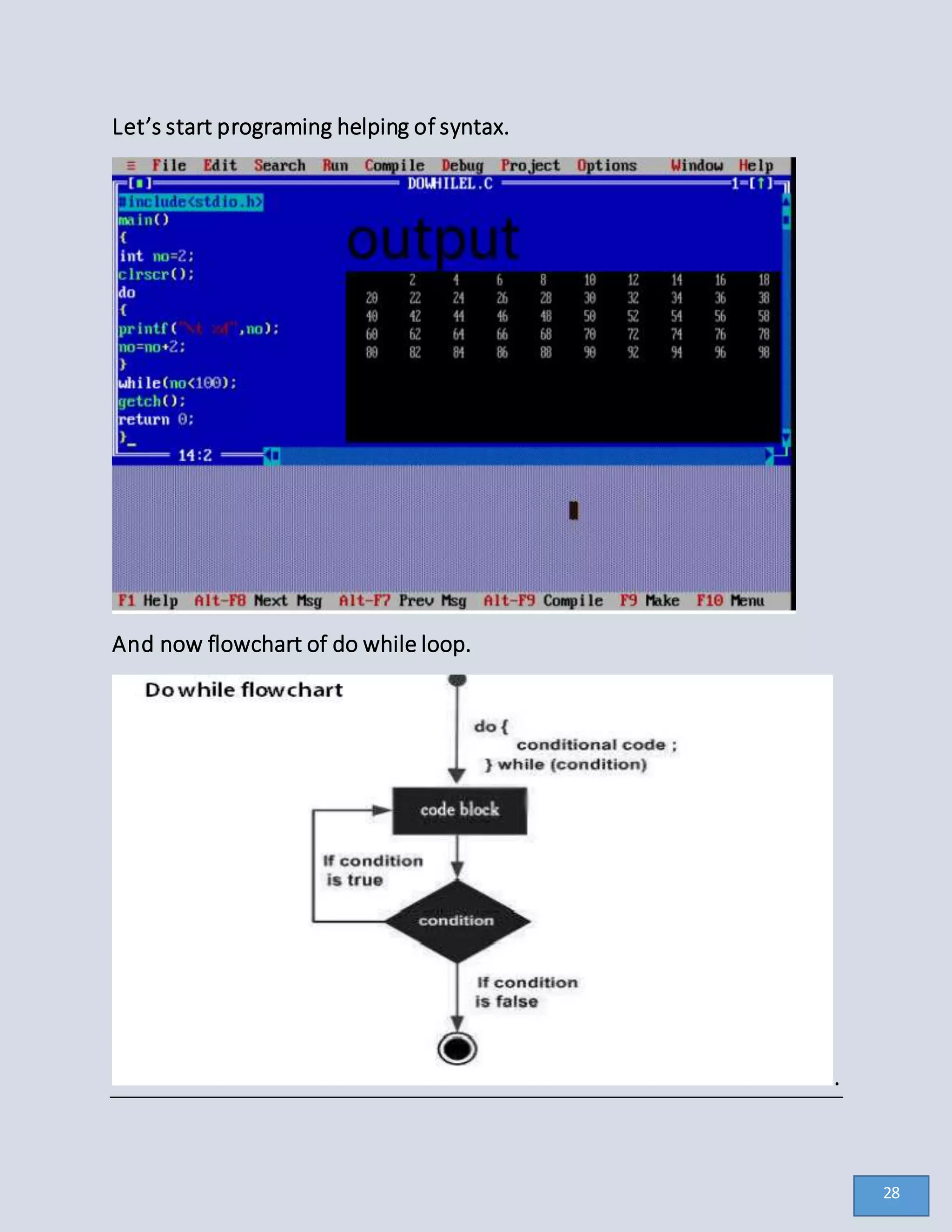 Let’s start programing helping of syntax.
And now flowchart of do while loop.
.
28
 