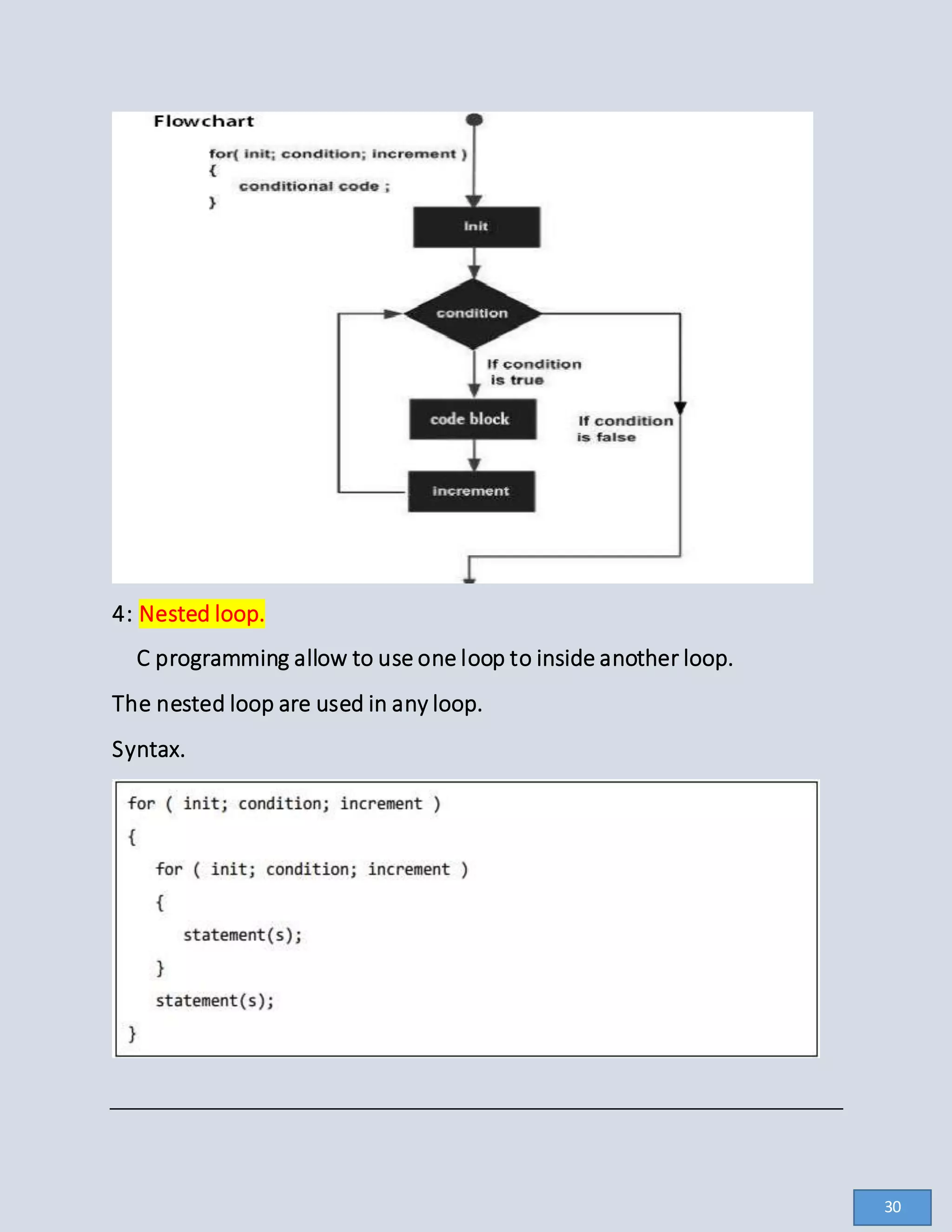 4: Nested loop.
C programming allow to use one loop to inside another loop.
The nested loop are used in any loop.
Syntax.
30
 